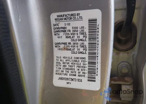 2002 Nissan Pathfinder Se z USA, uszkodzony, nr VIN JN8DR09Y72W731934